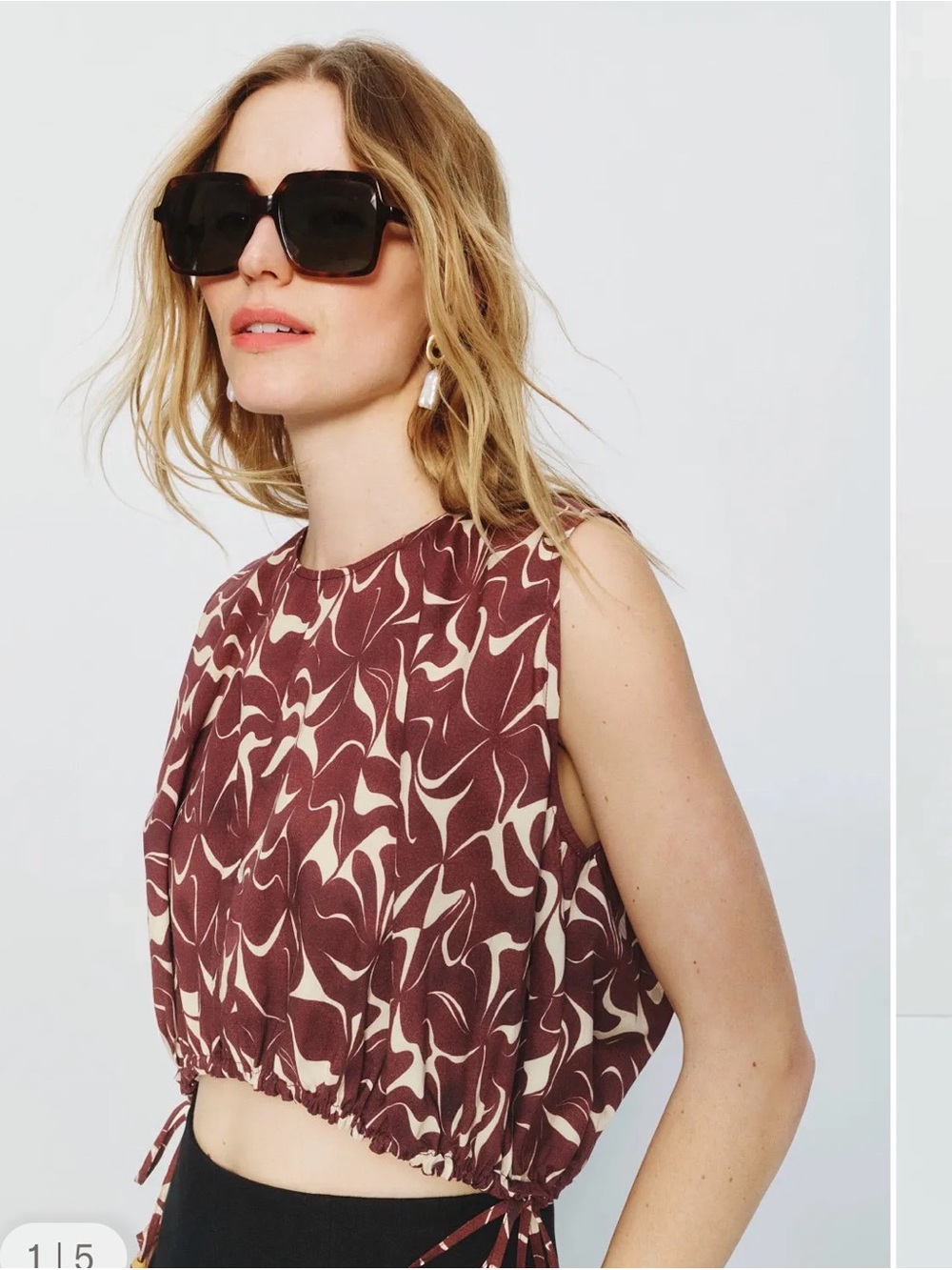 Vanessa Bruno Maroon and Cream Abstract Print Sleeveless Crop Top